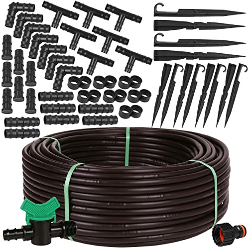 Tropfbewässerungs-Set, Tropfschlauch mit Kompensationsdruck, Tropflinie, Gartenschlauch, hergestellt in der EU (16 mm/2,2 LPH, 100 m + Zubehör, braun)