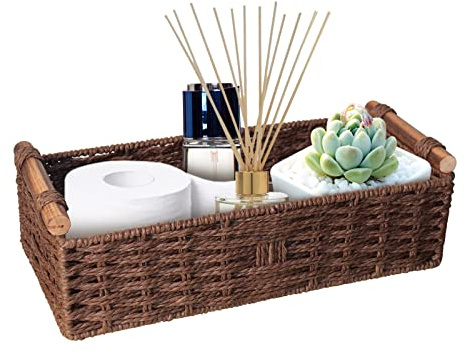 Round Paper Rope Storage Basket Wicker for Organizing with Handle, Decorative Bins Countertop Toilet Paper for Tank Top Small Set, Brown