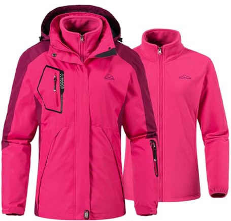 YSENTO Damen 3-in-1 Skijacke Winter Fleecejacke wasserdichte Winddichte Warme Funktions Outdoor Softshell Jacke mit Abnehmbarer Kapuze(Rosarot,L)