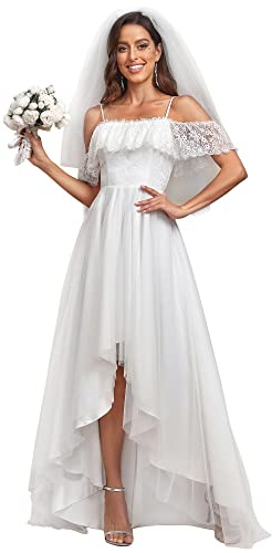 Ever-Pretty Vestido de Novia Alto Bajo Largo para Mujer A-línea Encaje Corte Imperio Bohemia Elegantes Blanco 36