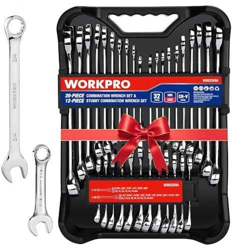 WORKPRO 32-Piece SAE & Metric Combination Wrenches Set, 20-Piece Standard wrenches and 12-Piece Stubby Wrenches with Organizer Tray, Cr-V Steel Mirror Chrome Polished