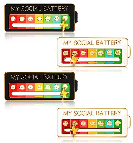 My Social Battery Pin, 4 Ma batterie Sociale Épinglette Broches Interactive Enamel Pins Social Battery, Créative Épingle émotionnelle Amusante pour la santé mentale (blanc + noir)