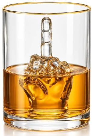 Funny Middle Finger Whiskey Glass Gift Set, Premium Novelty Barware, 12 oz | 3D Middle Finger Design for Whiskey, Bourbon, Scotch & Cocktails, Gag Gift for Birthdays, White Elephant & Office Parties