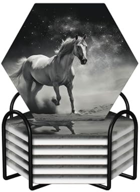 Getränkeuntersetzer mit Halter, weißes Pferd und Asteroiden, bedruckt, saugfähig, hitzebeständig, Keramik-Stein-Untersetzer mit Korkboden, Tischschutzmatte für Tassen, Tassen, Büro, Küche