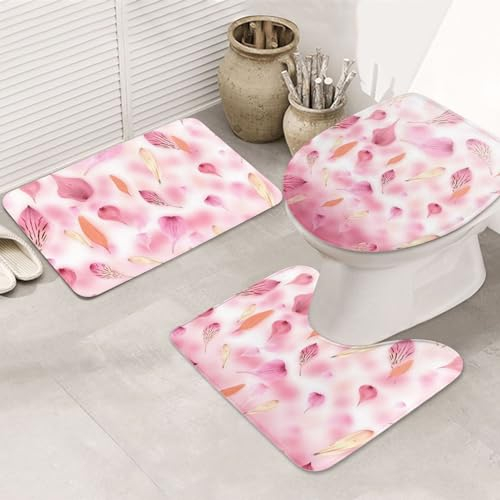 Badematten-Set mit rosa Blütenblättern, rutschfest, 3-teilig, 80 x 50 cm, Badematte + U-förmiger WC-Vorleger + O-förmiger Toilettensitzbezug