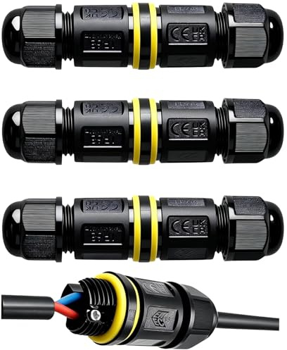 PERSENTU 3Pcs Waterproof Cable Connector, Waterproof Junction Box,IP68 Connector External Sleeve Coupler 3-core Outdoor Connector 2-Way Outdoor Extension Electrical Cable Protector Diameter Ø5mm-9mm