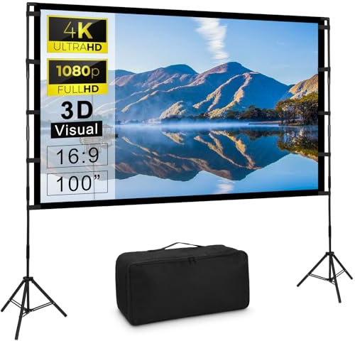 Schermo Proiettore con Supporto 100, 4K HD 16:9 Portatile Schermo Proiettore, Grandangolo di 160 Gradi, Perfetta per Teatro Domestico Festa, Outdoor
