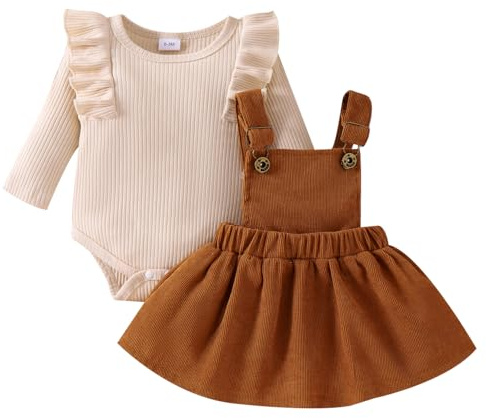 LUVCES Conjunto Faldas para Niñas Recién Nacidas Manga Larga Top con Volantes + Cuadros/Lunares/Pajarita Vestido con Tirantes Otoño Invierno Ropa Trajes Albaricoque 0-3 Meses