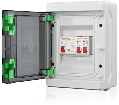 SPORWAY 2 Way Consumer Unit: Garage Consumer Unit Circuit Breaker Panel, IP65 Consumer Unit Anti-Leakage Fuse Box for Garages Caravans Workshops, 63A 30mA RCD 2 MCB 6A + 32A (2 Way)