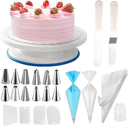 Ymopd Kit di decorazione per torte, 71 pezzi, supporto rotante per torte con cuscinetto antiscivolo, 7 punte per tubazioni e 20 sacchetti, spatola dritta e offset, set di 3 raschietti e altri