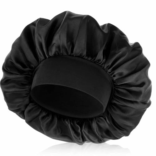 Bonnet for Men, Silk Satin Sleep Cap Single Layer Elastic Band Stretchy Tie Band Wide Soft Adjustable Hair Cap Large Silk Bonnets for Women Curly Hair Sleeping Black