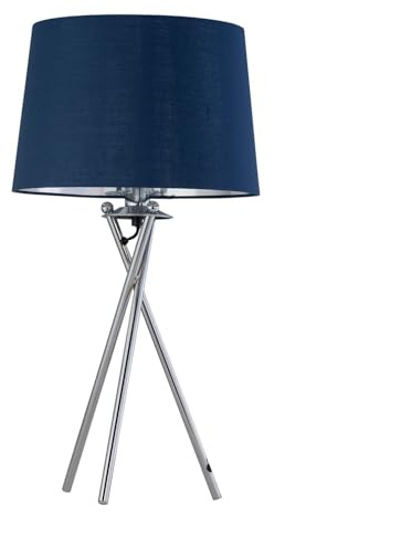 Tripod - Chrome Lamp with Navy Blue & Silver Fabric Shade