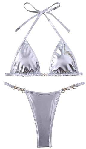 Metallisk bikini för kvinnor, tvådelad, sexig trekantig, hög skärning, stringkalsonger, baddräkt med string, halterneck, toppar, badmode, silverring, M