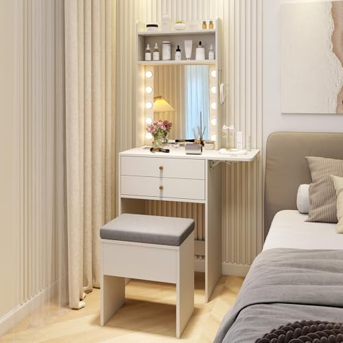 RELAX4LIFE Toeletta da Trucco con Luci LED a 3 Colori, Tavolo da Trucco Salvaspazio con Stazione di Ricarica, Postazione Trucco per spazi piccoli, 45-72 x 39 x 151 cm