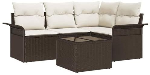 vidaXL 4-teiliges Gartensofa-Set mit Kissen in Braun und Weiß, aus Poly-Rattan, modulares Design für draußen, wetterfest, perfekt für deinen Gartenbereich.