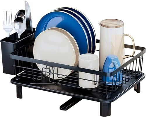 NBBENG Dish Drainer Rack with Drip Tray, Kitchen Counter Sink Dishes Drainer with Drainage Spout, Stainless Steel Detachable Dish Drying Rack for Kitchen Counter Space-Saving