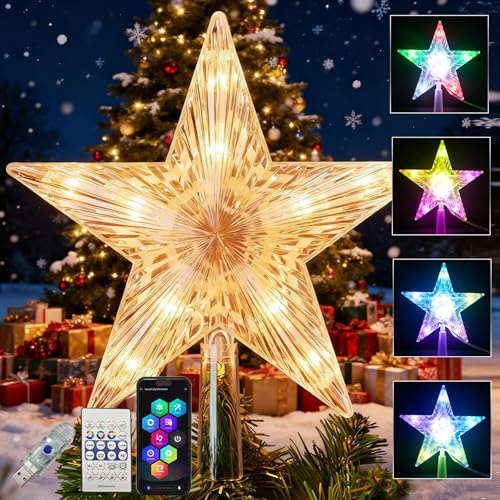 Christmas Tree Topper Star with 10 RGB LEDs, 9 Lighted Clear Star, App & Remote Control, Timer, USB Powered, Music Sync, Color Changing Treetop for Xmas New Year Holiday Tree Decoration