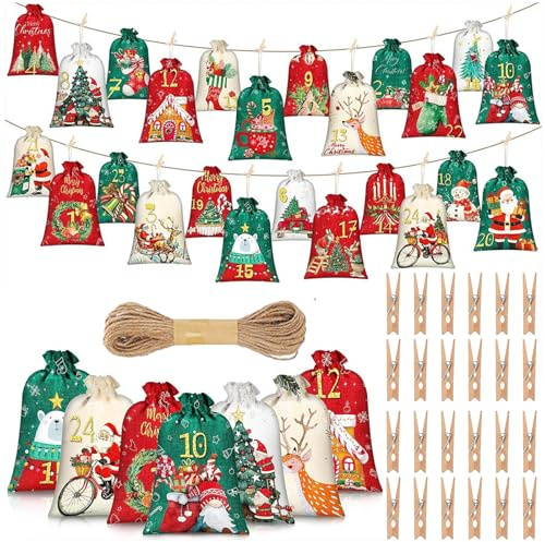 Jiavlyx Calendario De Adviento Para Rellenar, 2 Tamaños 18×12cm/15×10cm Calendario De Navidad Bolsas Vacio, Con 24 Pinzas De Madera Y 10m De Cuerda, 2025 Calendario De Navidad Para Rellenar
