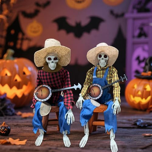 Lustige, animierte Duell-Banjo-Skelette, Halloween-Skelette mit hellen Augen, Halloween-Skelett-Musikerfigur für gruselige Partydekorationen im Innenbereich (rot + gelb)