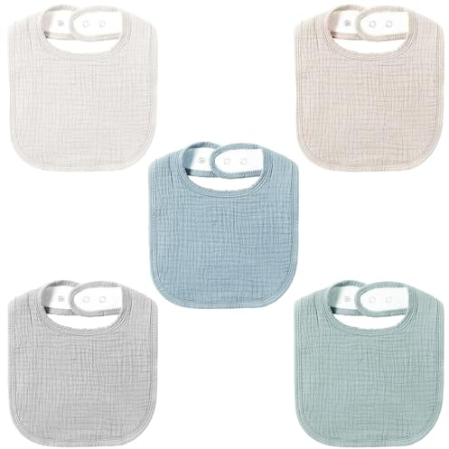 5 Bavaglini regolabili in 100% cotone. Morbidi, assorbenti e lavabili. Adatti a maschietti e femminucce, neonati e bambini piccoli