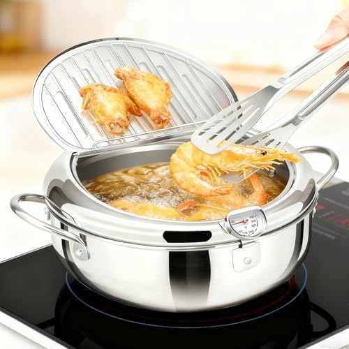 Deep Fryer Pot, Yolispa 2.2L Stainless Steel Frying Chicken Pot with Oil Filter Screen and Thermometer, Tempura Frying Pan Fried Chicken French Fries