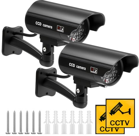 muhogxio 2 Pezzi Telecamera Finta da Esterno con LED,Telecamere Finte da Esterno Telecamere Fittizie Finte per Interni Esterni,Imitazione Realistica di CCTV,Per Interno Ed Esterno