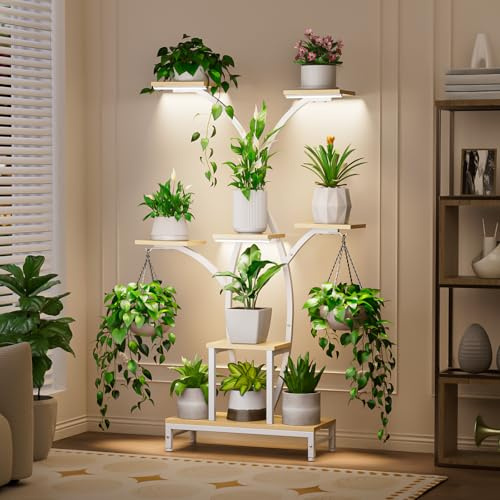 Mutool Indoor Plant Stand with Grow Lights, 6 Tiered Tall Plant Shelf for Multiple Plants, 160cm Space-Saving Corner Flower Holder for Home, Living Room, Office & Patio Decor, Natural