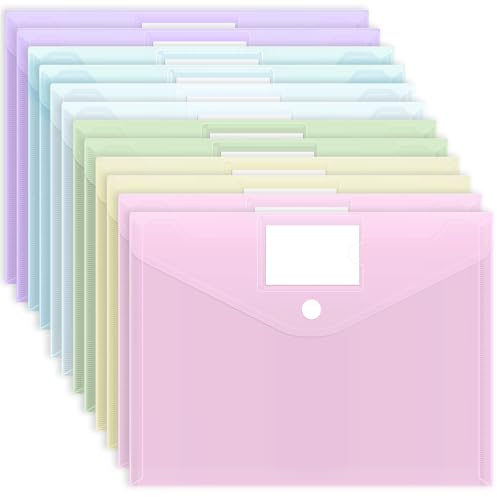 EOOUT 12pcs Plastic Envelopes, Plastic Folders for Documents, Hook & Loop Closure File Folders with Label Pocket A4 Size for School and Office Supplies