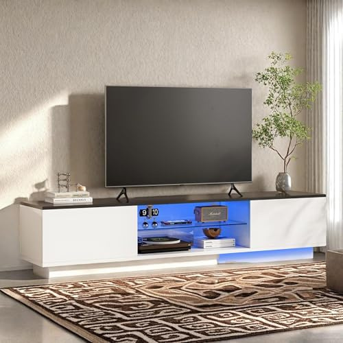 Mueble de TV blanco con LED, mueble de TV moderno con 2 estantes de cristal y 2 armarios, armario de televisión, banco de TV para salón y dormitorio, compatible con televisor de 65 pulgadas (140 x 32