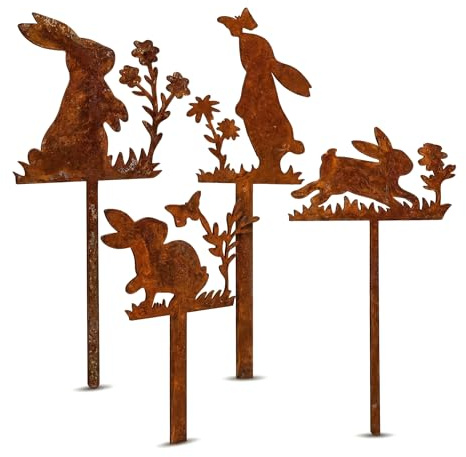 Zidoley 4er-Pack Osterdeko Outdoor Gartenstecker – Ostern Deko, Rost Ostereier & Kaninchen – Wetterfeste Osterdeko für draußen, Garten, Rasen & Vorgarten – Frühlingsdeko für Haus & Garten (Hase)