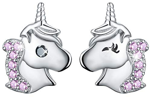 ✦Weihnachtsgeschenke für Kinder✦Winglove Einhorn Ohrringe Mädchen, Einhorn Ohrringe mit Zirkonia Asymmetrie Ohrringe Kinder Ohrringe Stecker Einhorn, Einhorn Geschenke für Mädchen.(Pink)