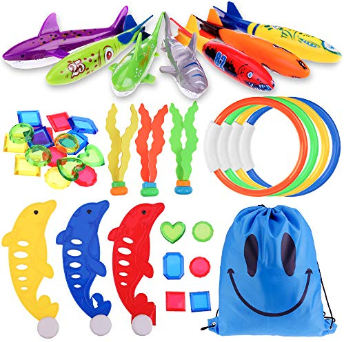 Faburo 34pcs Juguetes de Buceo Juegos de Agua para Niños Verano Juguetes Piscina para Niños en Piscinas, Playas, Deportes, Turismo, Compras u Otras Actividades de Excursión, Conjunto de Entrenamiento