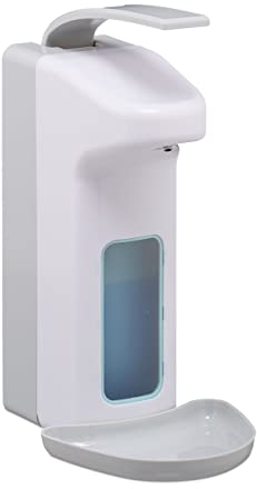 Relaxdays Eurospender, 1000 ml, Tropfschale, Armhebel, Desinfektionsmittel, Seife, Wandbefestigung, Hygienespender, weiß
