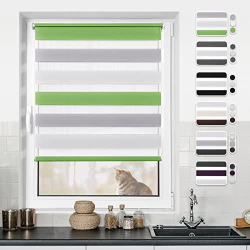 Doppelrollo Klemmfix ohne Bohren Rollos für Fenster ohne Bohren mit Bohren Grün-Grau-Weiß B110 x H120cm -Stoffbreite 106cm Rollo Fensterrollo Klemmrollos Fensterrollo innen