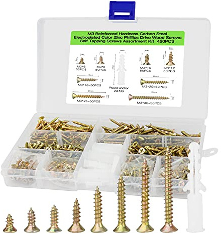 M3 Flat Head Wood Screws Assortment Fasteners Kit 420pcs,Phillips Drive Countersunk Head Self-Tapping Screws,Yellow Zinc Plated Finish,Contains 20pcs M6 Screw Anchors