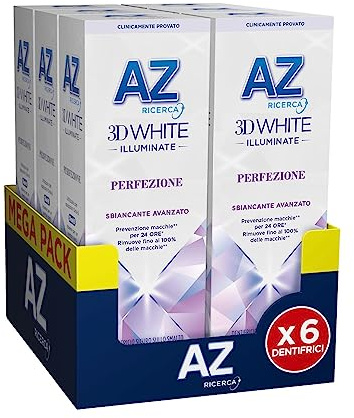 Az Ricerca Dentifricio 3d White Illuminate Perfezione, Sbiancante Avanzato, Rimuove Fino al 100% delle Macchie Superficiali, Confezione da 6 Dentifrici (6x50ml), Gusto Menta Fredda Piperita