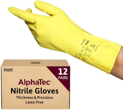 Ansell Alphatec 37-320 Kemikaliebeständig Nitrilhandske, Vätske- Och Stänkskydd För Städning Och Tvätt, Silikon- Och Latexfri, Vattentät, Tunn Arbetshandske För Dam Och Herr, Gul, M (12 Par)