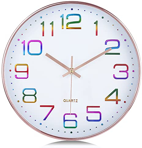 Lafocuse 3D Ziffern Bunt Lautlos Wanduhr Rosegold, 30cm Modern Ohne Tickgeräusche, Leicht zu Lesen Wanduhr Analog Deko für Wohnzimmer Küche Schule Kinderzimmer
