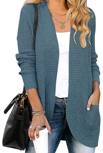 ZESICA Women's Fall Winter 2025 Long Sleeve Open Front Casual Lightweight Soft Knit Cardigan Sweater Outerwear,Dustyblue,Medium