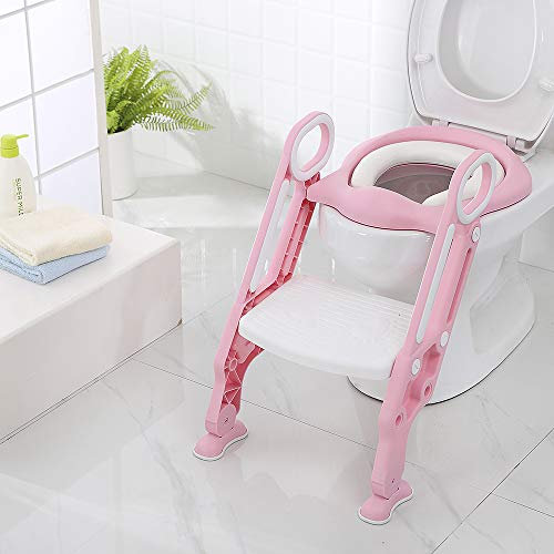 Toilettensitz kinder mit treppe, Faltbar Toilettentrainer Stabilen Rutschfesten, Kinder WC Sitz mit Griffe Höhenverstellbar,Klappbarer Töpfchentrainer Toiletten Mit einem PU Kissen. (Rosa + Weiß)