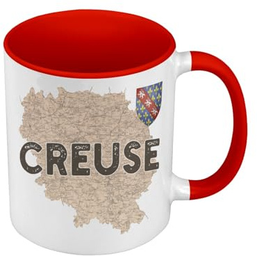 Fabulous Mug de Couleur Qualité Premium Rouge - Creuse 23 Departement Carte Ancienne Rare Nouvelle Aquitaine - Tasse avec anse et intérieur de couleur