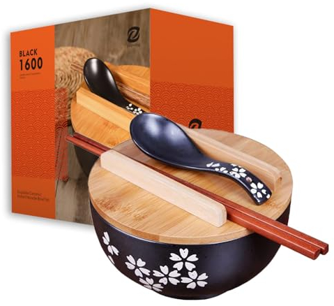zaqiming Tazón de ramen 1000ML Negro Tazón japonés de cerámica Cuencos de sopa para Udon, Soba, Hor Fun, fideos, ramen, ensaladas y sopas (1 set)