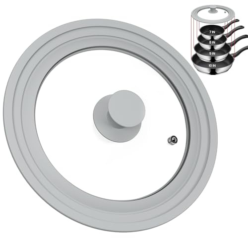 TOPULORS Universal Lid for Pots, Pans & Skillets – Tempered Glass Lid with Silicone Rim Fits 20cm, 23cm & 24cm Inner Diameter Cookware | Frying Pan Cover Replacement Lid – Dishwasher Safe, Grey