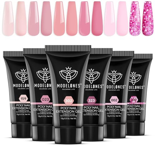 Modelones Poly Gel Extension Set mit 6 Farben Nude Rosa Glitzer Gel Nägel Selber Set Quick Building Acrylgel für Nail Art Nageldesign Selber Mache