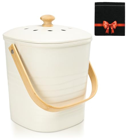 Vipush Bamboo Fiber Compost Bin with Lid Small Countertop Compost Bin Includes Charcoal Filter, Beige