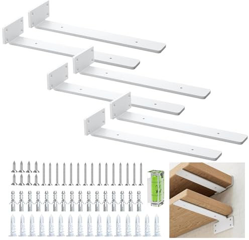 Supporto per scaffali galleggianti, 12 pollici, colore nero, robusto, con viti, angolo di 90 gradi, angolo e supporto in metallo, con finitura in ferro moderna, confezione da 6 pezzi, colore bianco