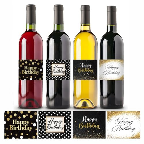 PH PandaHall Happy Birthday Weinflaschenetiketten 40 stücke 4 Stile 4 x3.3 Zoll Klebstoff Wein Label Aufkleber Schwarz Goldene Aufkleber Für Hochzeit Engagement