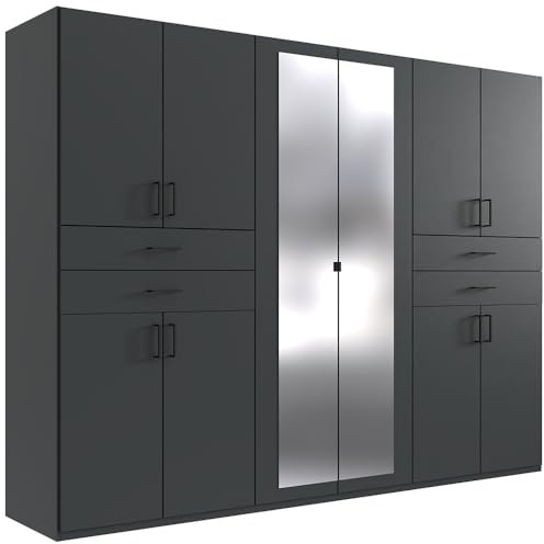 Lomadox Kleiderschrank mit Spiegel, 270 cm breit Garderobenschrank Wardrobe Schlafzimmerschrank Schrank modern in Graphit