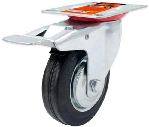 Tradineur - Rueda giratoria con freno para muebles, goma y hierro, incluye placa de montaje, rueda de transporte para cargas pesadas, industrial, peso máx. 100 kg, Ø 125 mm