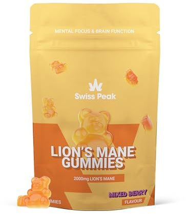 Swiss Peak Lion's Mane 2000mg Max-Strength Gummies, Ginkgo Biloba, Citicoline, Cordyceps, Vitamins B5, B12, 30 Pieces, UK Made | Mental Clarity, Effective Alternative to Capsules and Tablets